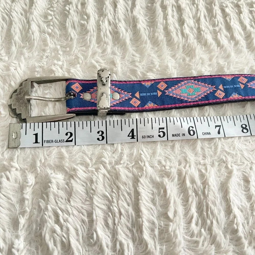 Vintage Nuovo Blue Pink Western Belt Southwestern Boho Silver Buckle 27.5 - 31.5